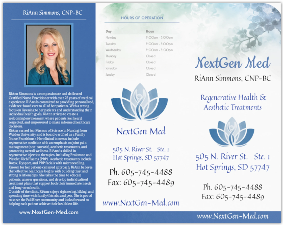 NextGen Med brochure cover: RiAnn Simmons, CNP-BC, bio, hours of operation, address and phone numbers
