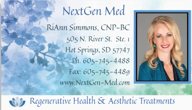 NextGen Med business card: RiAnn Simmons, CNP-BC, 505 N. River St. Ste. 1, Hot Springs, SD 57747, phone 605-745-4488, fax 605-745-4489