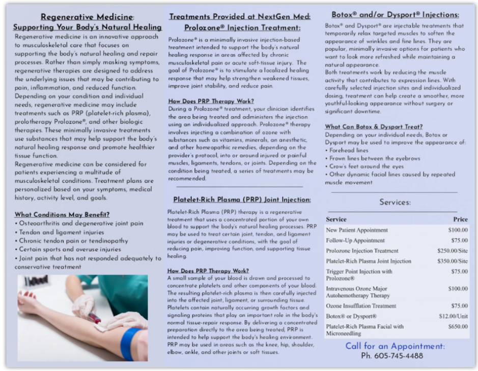 NextGen Med brochure inside: regenerative medicine, Prolozone, PRP, Botox and Dysport descriptions and services price list